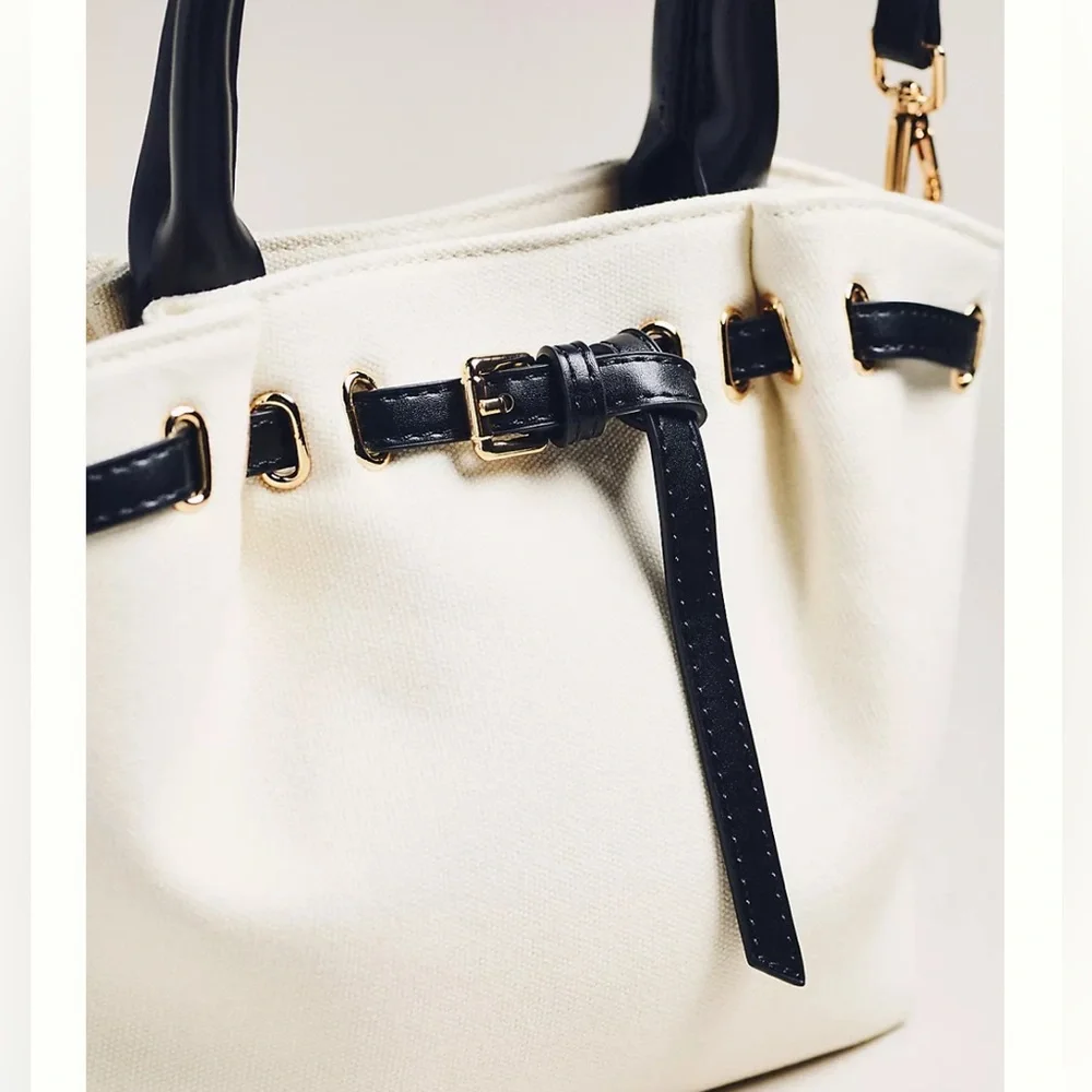 Anthropologie Mini Canvas Belted Tote White Handbag - Picture 2 of 3